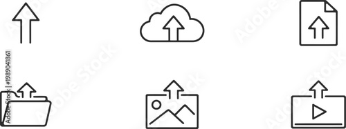 Simple black and white line icons representing file upload and data transfer concepts