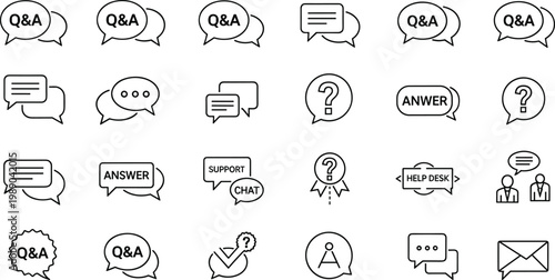 Professional Customer Support Icon Set with Q&A Speech Bubbles, Help Desk Symbols, Question Mark Illustrations, and Business Communication Graphics for Web and App UI Design