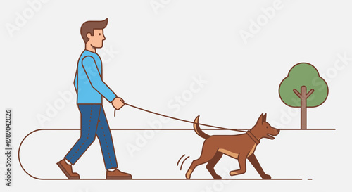 Man walking brown dog on leash.