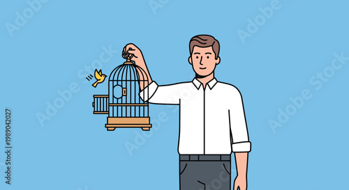Man holding bird cage with bird.
