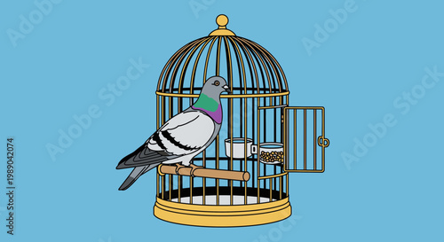 Pigeon standing in bird cage house.