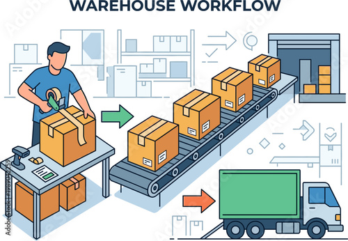 Worker operates warehouse conveyor belt packaging boxes for truck shipment