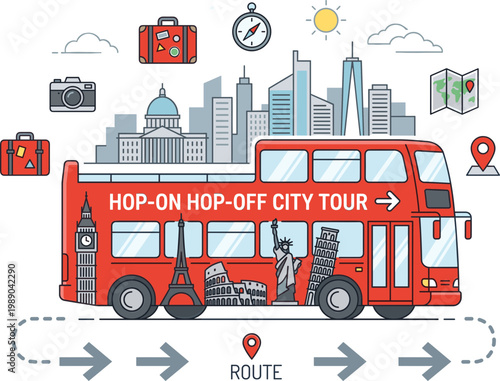 A tourist takes a hop-on hop-off city tour on a red double-decker bus through a bustling metropolis with landmarks and travel icons.