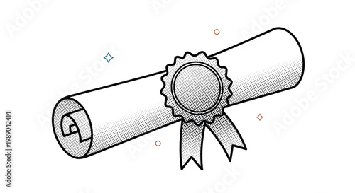 Illustration of a rolled diploma or certificate with a gold seal and ribbons symbolizing academic achievement and graduation.