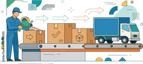 Flat illustration of efficient logistics and delivery. Worker packages goods on conveyor belt, items move to delivery truck, symbolizing modern supply chain distribution