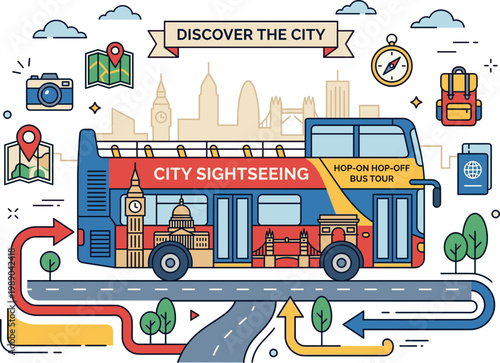 Colorful line art illustration of a double-decker bus on a city sightseeing tour, showcasing urban exploration and tourist attractions with travel icons