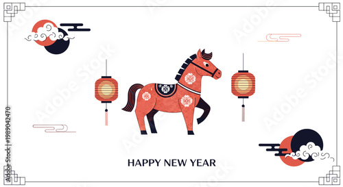 Traditional style illustration for Chinese New Year featuring a decorative horse with lanterns and clouds in a red and black palette.