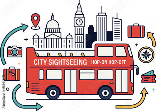 Red double-decker bus illustration for hop-on hop-off city sightseeing, featuring travel icons and urban landmarks, symbolizing metropolitan exploration