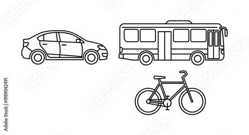 Line art drawing of a car bus and bicycle isolated on white.