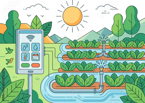 Smart agriculture illustration depicting an automated irrigation system managed by digital technology, optimizing water usage and fostering sustainable crop growth in a modern farm