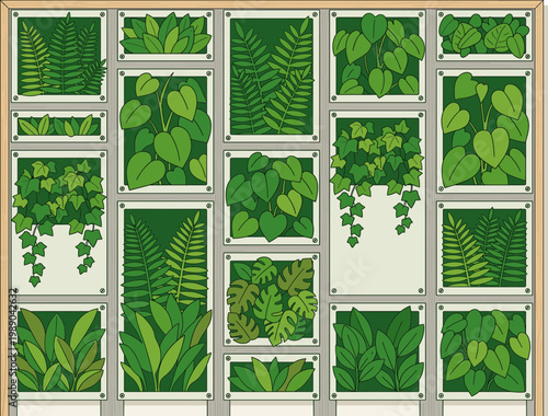 A delightful vertical garden with an array of lush green potted plants, showcasing various leaf shapes and textures for interior design