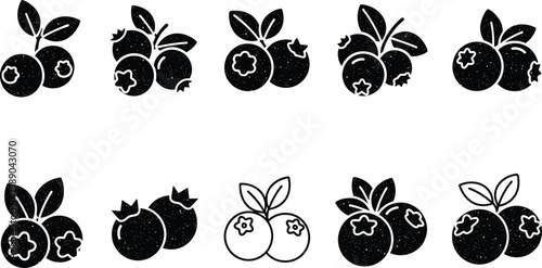 Collection of black and white peach icons on white background