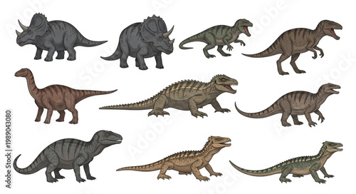 Collection of various dinosaur species illustration.