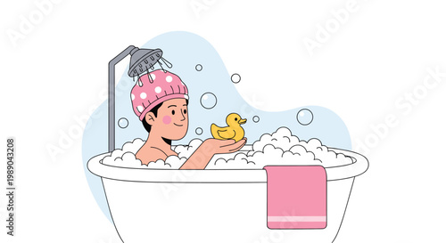 Cheerful illustration of a person wearing a pink shower cap taking a bubble bath in a tub with a yellow rubber duckling.