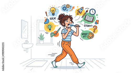 Woman Pacing Around the Room Brushing Teeth While Thinking of Random Creative Ideas