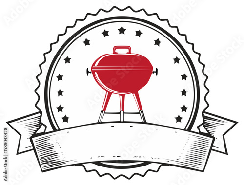 Classic red charcoal grill with a ribbon banner and star seal for barbecue advertising