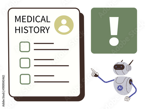 Healthcare, technology, AI integration, medical data, alert systems, data security. Robot pointing to medical history document and alert symbol. Healthcare and technology concept