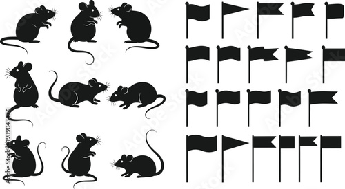 Black silhouettes of mice and flags on white background, symbolizing protest or warning