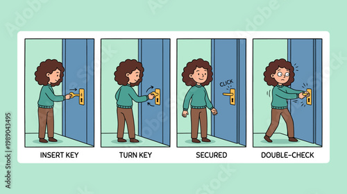 Step by Step Sequence of Woman Locking Door and Double Checking Security