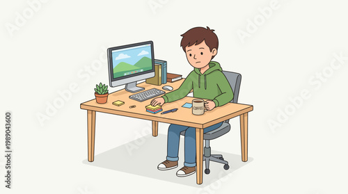 Young man mindlessly rearranging stationary on his desk during a work break