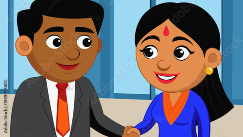 Praise from boss. Proud smiling young indian female corporate employee handshaking with male ceo director leader receive recognition on team briefing. Overjoyed ethnic woman get gratitude for good job