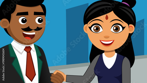 Praise from boss. Proud smiling young indian female corporate employee handshaking with male ceo director leader receive recognition on team briefing. Overjoyed ethnic woman get gratitude for good job