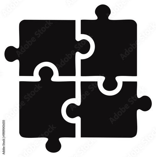 Four interlocking puzzle pieces, conceptualizing teamwork, unity, and problem-solving in graphic form.
