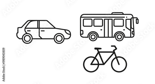 Car bus and bicycle line art icons representing transportation modes.