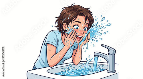Energetic young woman splashing cold water on her face to awaken and reset her senses