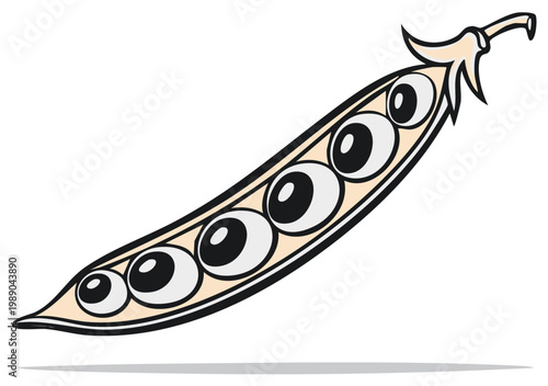 Stylized open pea pod with multiple round peas inside, cartoon style
