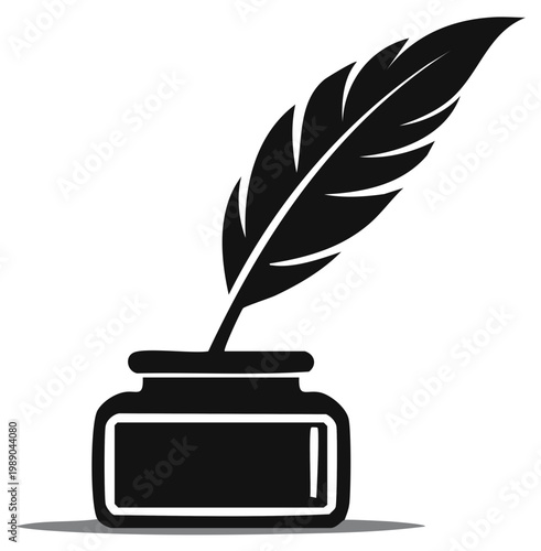 Quill pen dipped in inkwell. Classic writing tool illustration. Vintage style.