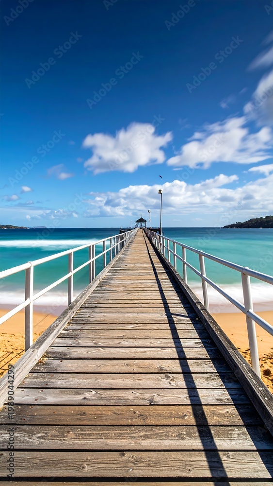Fototapeta premium Long wooden pier extends toward the horizon under a bright blue sky dotted with puffy white clouds, over turquoise water