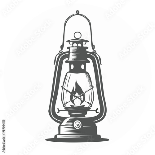Vintage kerosene lantern with burning flame illustration. Classic rustic oil lamp design.