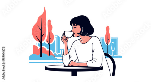 Woman Drinking Coffee at Outdoor Table.