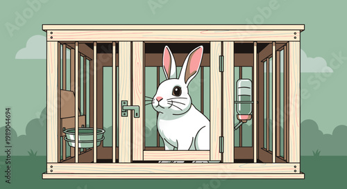 White rabbit in a cage looking out.