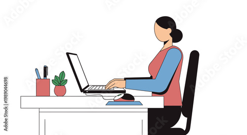 Woman sitting at desk working laptop.