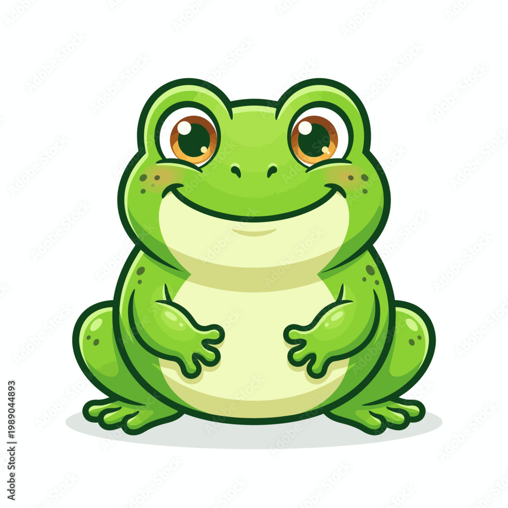 Fototapeta premium A smiling green frog sits happily on ground with big eyes