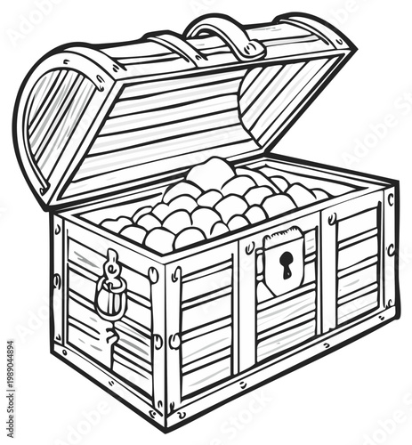 Hand drawn open wooden treasure chest brimming with gold coins line art illustration
