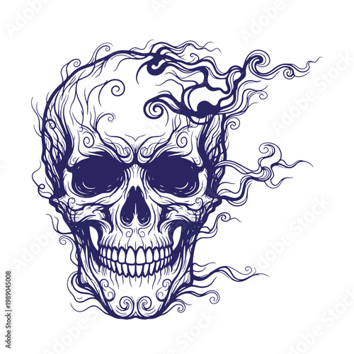 Blue skull with swirling smoke tendrils on white background