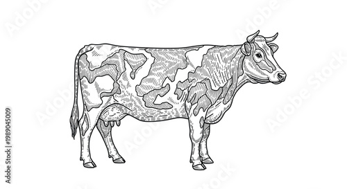 High contrast black and white line drawing of a dairy cow standing side view with detailed fur and spots.