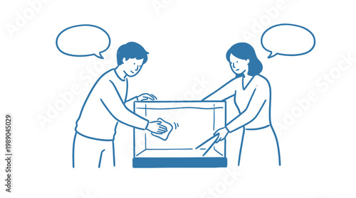 Young Couple Working Together To Clean Glass Aquarium Tank Carefully Using Cloth And Tools For Successful Pet Fish Habitat Maintenance Routine