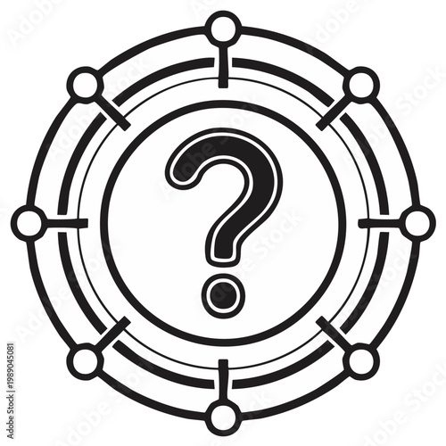 Abstract circular graphic with a question mark in the center, representing uncertainty and inquiry