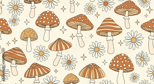 Seamless pattern of retro style mushrooms with spots and stripes mixed with white daisy flowers on a cream colored background.