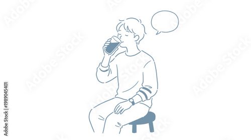 Healthy Young Man Sitting On Stool And Drinking Fresh Water From Glass For Proper Hydration And Wellness Maintenance At Home