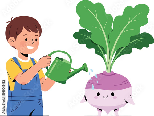 Happy child watering a smiling cartoon turnip with green leaves in a playful garden scene