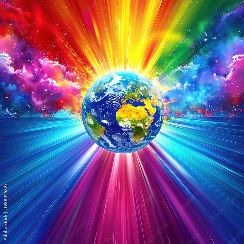 Fototapeta premium A vibrant and colorful illustration of the Earth with a rainbow background