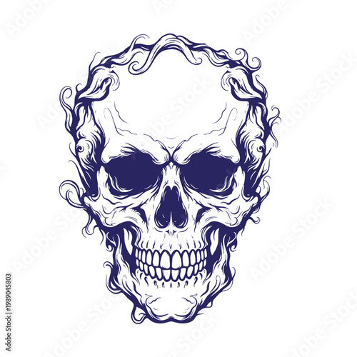 Navy blue skull with flame on white background, flame white background, dark blue cranium