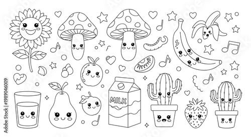Large collection of cute kawaii characters including fruit vegetables and household items with happy faces for coloring book page.