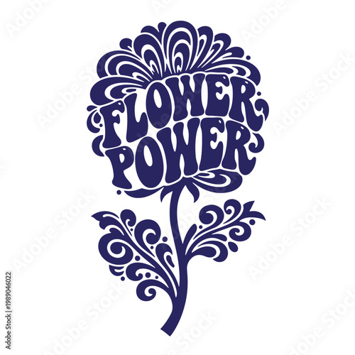 Purple flower power with stylized text on white background, floral typography