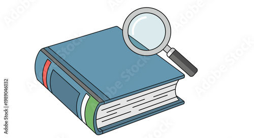 Magnifying glass over open book, symbolizing research, education, and discovery